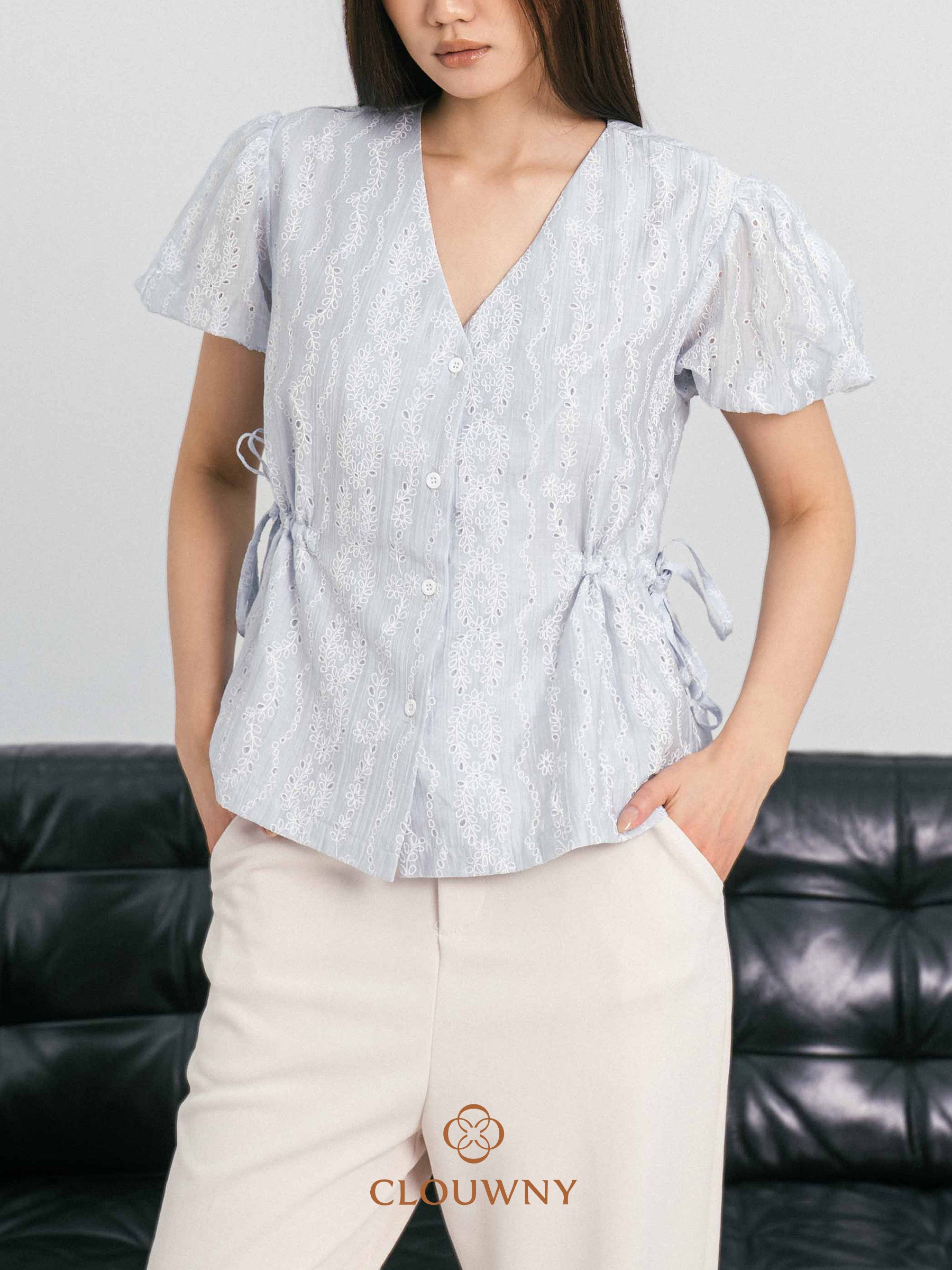 Angela Embroidery Drawstring Blouse - Blue